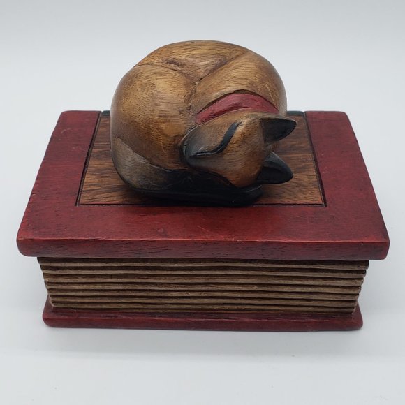 Handcrafted Wood Sleeping Cat on Book Trinket Box - Picture 14 of 14